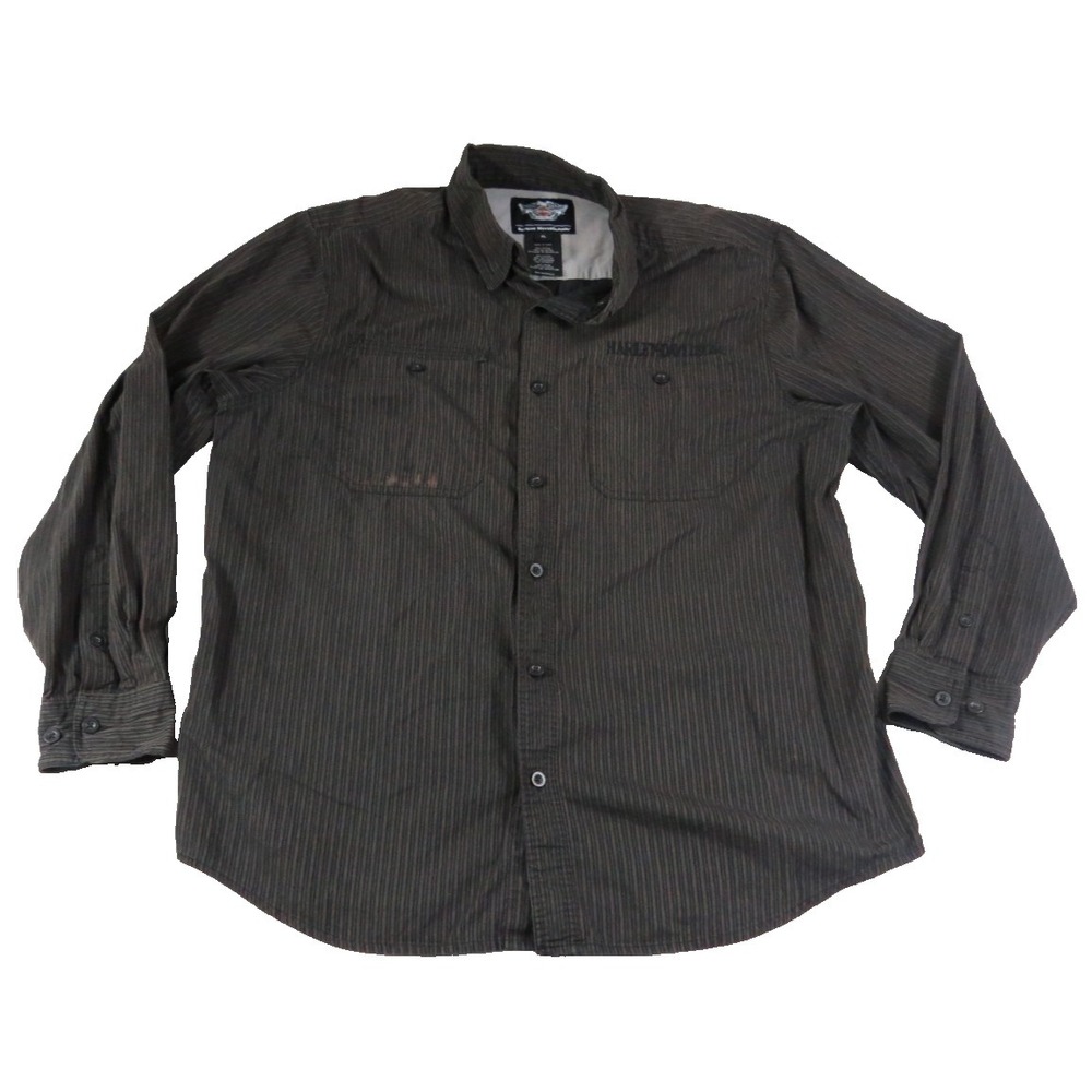 Harley-Davidson Shirt Men XL Gray Stripe Button Up Long Sleeve Embroidered Biker